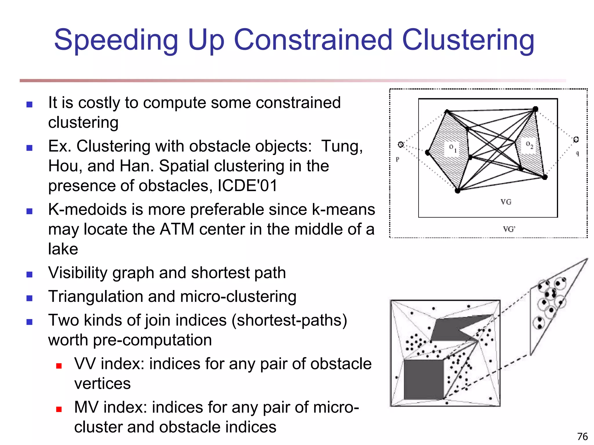 76 Speeding Up Constrained Clustering  It is costly to compute some constrained clustering  Ex. Clustering with obstacle objects: Tung, Hou, and Han. Spatial clustering in the presence of obstacles, ICDE'01  K-medoids is more preferable since k-means may locate the ATM center in the middle of a lake  Visibility graph and shortest path  Triangulation and micro-clustering  Two kinds of join indices (shortest-paths) worth pre-computation  VV index: indices for any pair of obstacle vertices  MV index: indices for any pair of micro- cluster and obstacle indices 