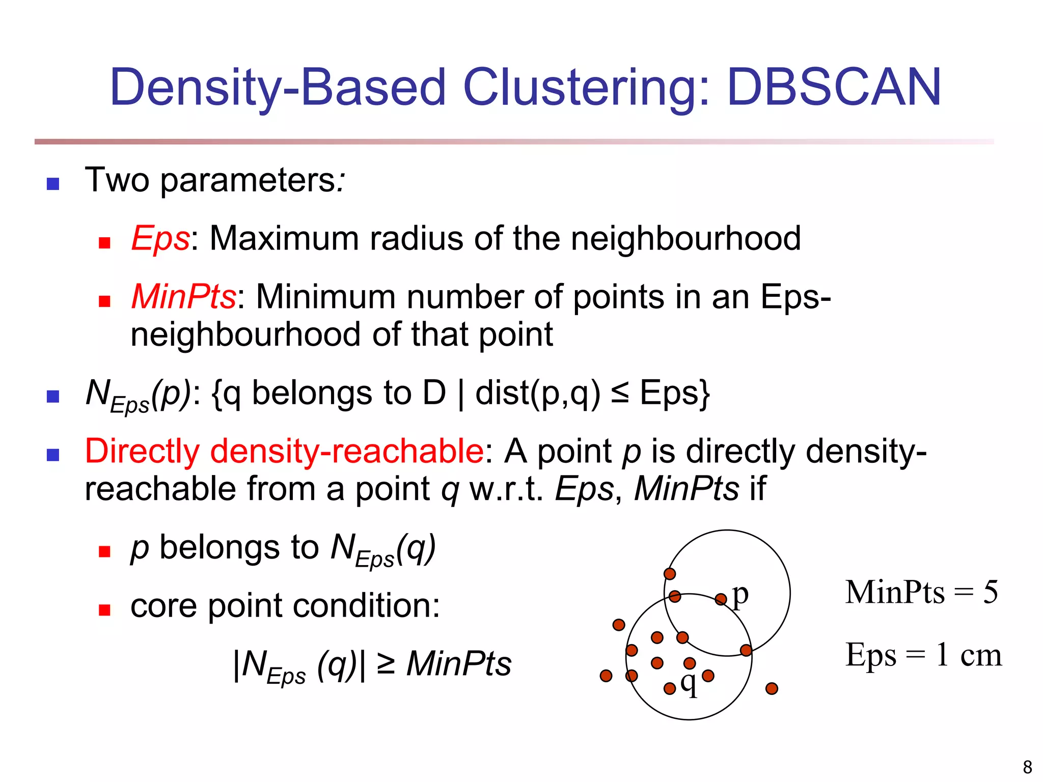 Density-Based Clustering: DBSCAN  Two parameters:  Eps: Maximum radius of the neighbourhood  MinPts: Minimum number of points in an Eps- neighbourhood of that point  NEps(p): {q belongs to D | dist(p,q) ≤ Eps}  Directly density-reachable: A point p is directly density- reachable from a point q w.r.t. Eps, MinPts if  p belongs to NEps(q)  core point condition: |NEps (q)| ≥ MinPts MinPts = 5 Eps = 1 cm p q 8 