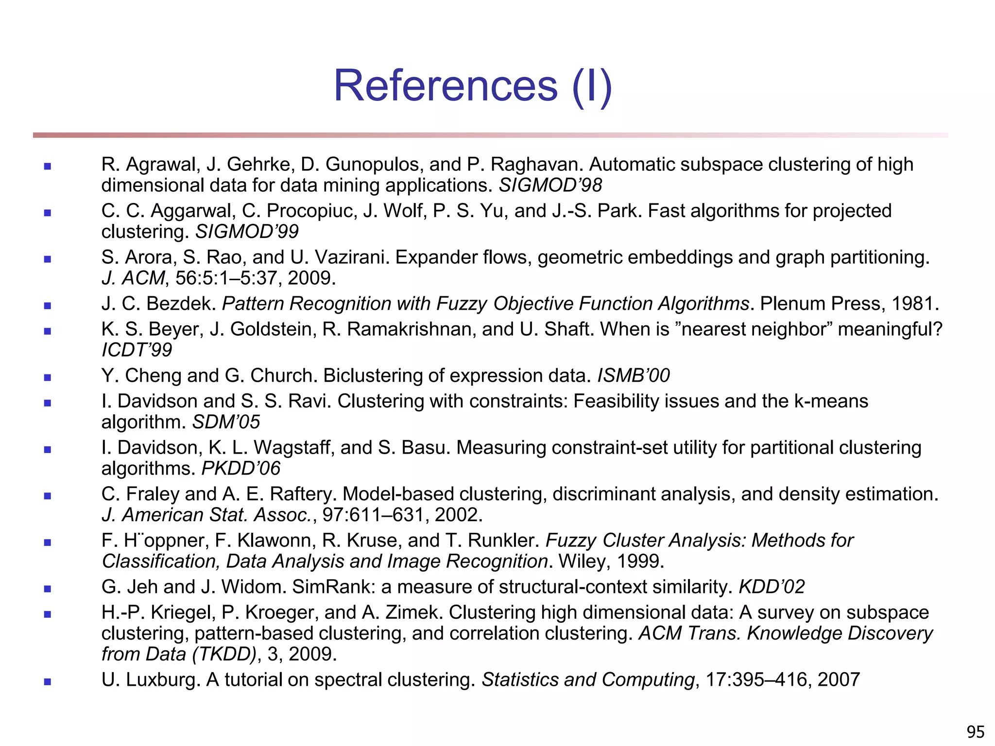 95 References (I)  R. Agrawal, J. Gehrke, D. Gunopulos, and P. Raghavan. Automatic subspace clustering of high dimensional data for data mining applications. SIGMOD’98  C. C. Aggarwal, C. Procopiuc, J. Wolf, P. S. Yu, and J.-S. Park. Fast algorithms for projected clustering. SIGMOD’99  S. Arora, S. Rao, and U. Vazirani. Expander flows, geometric embeddings and graph partitioning. J. ACM, 56:5:1–5:37, 2009.  J. C. Bezdek. Pattern Recognition with Fuzzy Objective Function Algorithms. Plenum Press, 1981.  K. S. Beyer, J. Goldstein, R. Ramakrishnan, and U. Shaft. When is ”nearest neighbor” meaningful? ICDT’99  Y. Cheng and G. Church. Biclustering of expression data. ISMB’00  I. Davidson and S. S. Ravi. Clustering with constraints: Feasibility issues and the k-means algorithm. SDM’05  I. Davidson, K. L. Wagstaff, and S. Basu. Measuring constraint-set utility for partitional clustering algorithms. PKDD’06  C. Fraley and A. E. Raftery. Model-based clustering, discriminant analysis, and density estimation. J. American Stat. Assoc., 97:611–631, 2002.  F. H¨oppner, F. Klawonn, R. Kruse, and T. Runkler. Fuzzy Cluster Analysis: Methods for Classification, Data Analysis and Image Recognition. Wiley, 1999.  G. Jeh and J. Widom. SimRank: a measure of structural-context similarity. KDD’02  H.-P. Kriegel, P. Kroeger, and A. Zimek. Clustering high dimensional data: A survey on subspace clustering, pattern-based clustering, and correlation clustering. ACM Trans. Knowledge Discovery from Data (TKDD), 3, 2009.  U. Luxburg. A tutorial on spectral clustering. Statistics and Computing, 17:395–416, 2007 