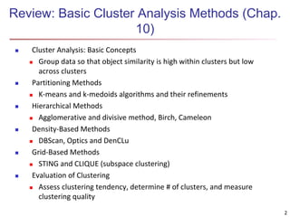 2
Review: Basic Cluster Analysis Methods (Chap.
10)
 Cluster Analysis: Basic Concepts
 Group data so that object similarity is high within clusters but low
across clusters
 Partitioning Methods
 K-means and k-medoids algorithms and their refinements
 Hierarchical Methods
 Agglomerative and divisive method, Birch, Cameleon
 Density-Based Methods
 DBScan, Optics and DenCLu
 Grid-Based Methods
 STING and CLIQUE (subspace clustering)
 Evaluation of Clustering
 Assess clustering tendency, determine # of clusters, and measure
clustering quality
2
 
