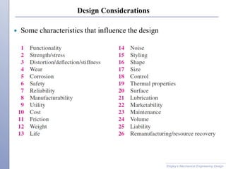 Design Considerations
 Some characteristics that influence the design
Shigley’s Mechanical Engineering Design
 