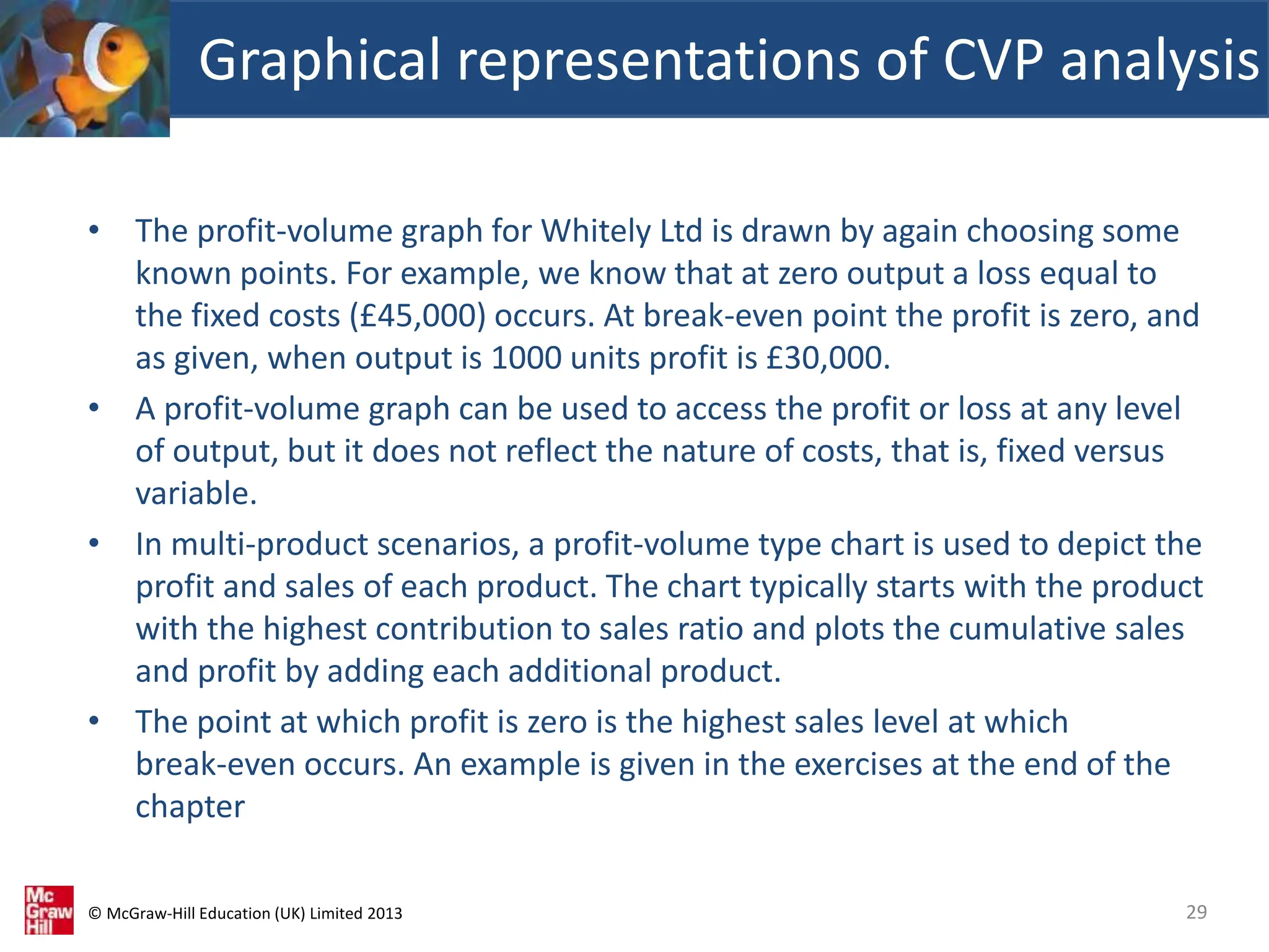 © McGraw-Hill Education (UK) Limited 2013
• The profit-volume graph for Whitely Ltd is drawn by again choosing some
known points. For example, we know that at zero output a loss equal to
the fixed costs (£45,000) occurs. At break-even point the profit is zero, and
as given, when output is 1000 units profit is £30,000.
• A profit-volume graph can be used to access the profit or loss at any level
of output, but it does not reflect the nature of costs, that is, fixed versus
variable.
• In multi-product scenarios, a profit-volume type chart is used to depict the
profit and sales of each product. The chart typically starts with the product
with the highest contribution to sales ratio and plots the cumulative sales
and profit by adding each additional product.
• The point at which profit is zero is the highest sales level at which
break-even occurs. An example is given in the exercises at the end of the
chapter
Graphical representations of CVP analysis
29
 