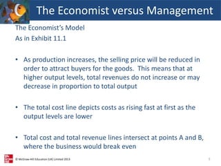 © McGraw-Hill Education (UK) Limited 2013
The Economist’s Model
As in Exhibit 11.1
• As production increases, the selling price will be reduced in
order to attract buyers for the goods. This means that at
higher output levels, total revenues do not increase or may
decrease in proportion to total output
• The total cost line depicts costs as rising fast at first as the
output levels are lower
• Total cost and total revenue lines intersect at points A and B,
where the business would break even
5
The Economist versus Management
 