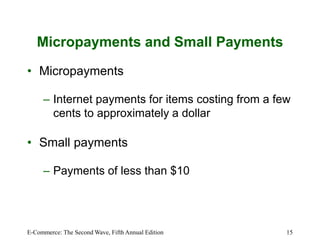 E-Commerce: The Second Wave, Fifth Annual Edition 15
Micropayments and Small Payments
• Micropayments
– Internet payments for items costing from a few
cents to approximately a dollar
• Small payments
– Payments of less than $10
 