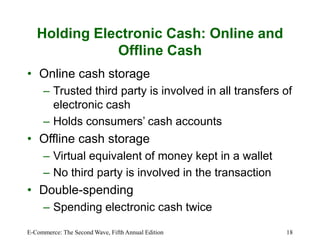E-Commerce: The Second Wave, Fifth Annual Edition 18
Holding Electronic Cash: Online and
Offline Cash
• Online cash storage
– Trusted third party is involved in all transfers of
electronic cash
– Holds consumers’ cash accounts
• Offline cash storage
– Virtual equivalent of money kept in a wallet
– No third party is involved in the transaction
• Double-spending
– Spending electronic cash twice
 