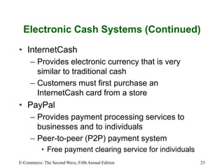 E-Commerce: The Second Wave, Fifth Annual Edition 23
Electronic Cash Systems (Continued)
• InternetCash
– Provides electronic currency that is very
similar to traditional cash
– Customers must first purchase an
InternetCash card from a store
• PayPal
– Provides payment processing services to
businesses and to individuals
– Peer-to-peer (P2P) payment system
• Free payment clearing service for individuals
 
