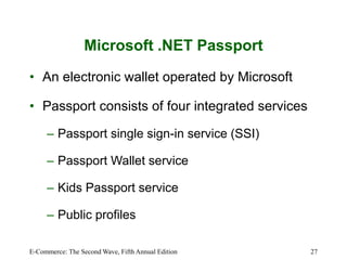 E-Commerce: The Second Wave, Fifth Annual Edition 27
Microsoft .NET Passport
• An electronic wallet operated by Microsoft
• Passport consists of four integrated services
– Passport single sign-in service (SSI)
– Passport Wallet service
– Kids Passport service
– Public profiles
 