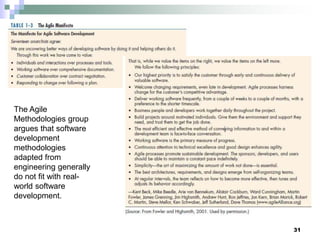 31
The Agile
Methodologies group
argues that software
development
methodologies
adapted from
engineering generally
do not fit with real-
world software
development.
 