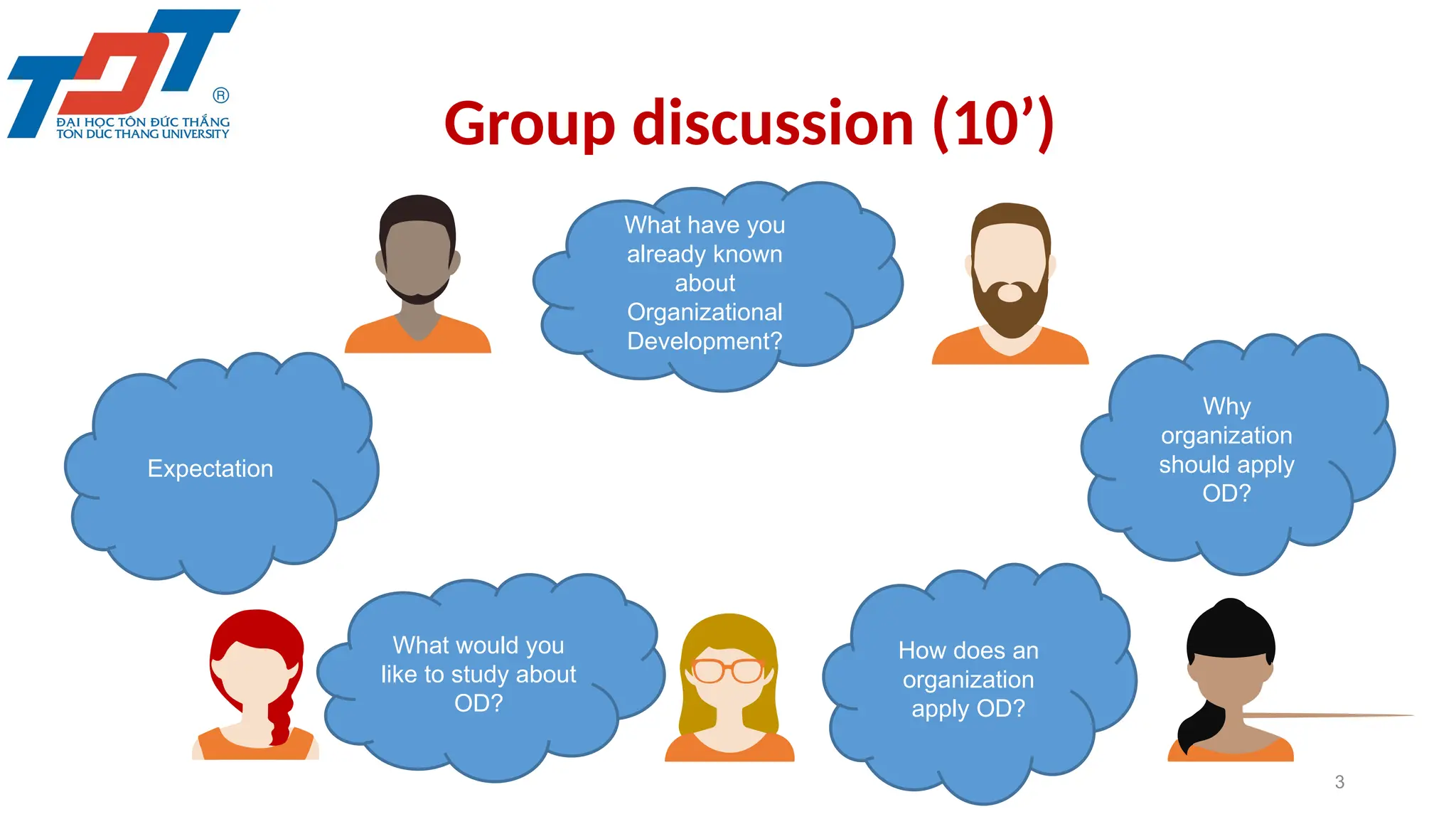 Group discussion (10’)
3
What have you
already known
about
Organizational
Development?
What would you
like to study about
OD?
Expectation
Why
organization
should apply
OD?
How does an
organization
apply OD?
 