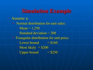 Simulation Example
Simulation Example
• Assume a:
Assume a:
• Normal distribution for unit sales:
Normal distribution for unit sales:
• Mean = 1,250
Mean = 1,250
• Standard deviation = 200
Standard deviation = 200
• Triangular distribution for unit price:
Triangular distribution for unit price:
• Lower bound
Lower bound = $160
= $160
• Most likely
Most likely = $200
= $200
• Upper bound
Upper bound = $250
= $250
 