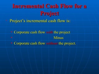 Incremental Cash Flow for a
Incremental Cash Flow for a
Project
Project
• Project’s incremental cash flow is:
Project’s incremental cash flow is:
• Corporate cash flow
Corporate cash flow with
with the project
the project
• Minus
Minus
• Corporate cash flow
Corporate cash flow without
without the project.
the project.
 