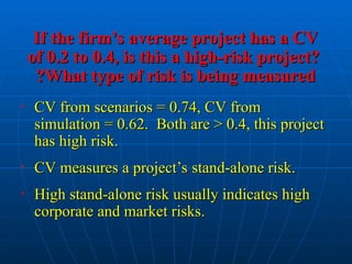 If the firm’s average project has a CV
If the firm’s average project has a CV
of 0.2 to 0.4, is this a high-risk project?
of 0.2 to 0.4, is this a high-risk project?
What type of risk is being measured
What type of risk is being measured
?
?
• CV from scenarios = 0.74, CV from
CV from scenarios = 0.74, CV from
simulation = 0.62. Both are > 0.4, this project
simulation = 0.62. Both are > 0.4, this project
has high risk.
has high risk.
• CV measures a project’s stand-alone risk.
CV measures a project’s stand-alone risk.
• High stand-alone risk usually indicates high
High stand-alone risk usually indicates high
corporate and market risks.
corporate and market risks.
 