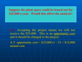• Yes
Yes. Accepting the project means we will not
. Accepting the project means we will not
receive the $25,000. This is an
receive the $25,000. This is an opportunity cost
opportunity cost
and it should be charged to the project.
and it should be charged to the project.
• A.T. opportunity cost = $25,000 (1 - T) = $15,000
A.T. opportunity cost = $25,000 (1 - T) = $15,000
annual cost.
annual cost.
Suppose the plant space could be leased out for
$25,000 a year. Would this affect the analysis?
 