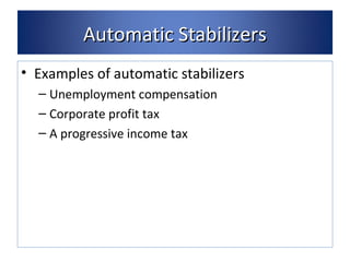 AAuuttoommaattiicc SSttaabbiilliizzeerrss 
• Examples of automatic stabilizers 
– Unemployment compensation 
– Corporate profit tax 
– A progressive income tax 
 