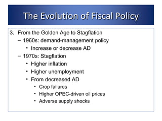 TThhee EEvvoolluuttiioonn ooff FFiissccaall PPoolliiccyy 
3. From the Golden Age to Stagflation 
– 1960s: demand-management policy 
• Increase or decrease AD 
– 1970s: Stagflation 
• Higher inflation 
• Higher unemployment 
• From decreased AD 
• Crop failures 
• Higher OPEC-driven oil prices 
• Adverse supply shocks 
 