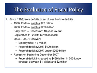 TThhee EEvvoolluuttiioonn ooff FFiissccaall PPoolliiccyy 
4. Since 1990: from deficits to surpluses back to deficits 
– 1998: Federal surplus $70 billion 
– 2000: Federal surplus $236 billion 
– Early 2001 – Recession: 10-year tax cut 
– September 11, 2001: Terrorist attack 
– 2003 – 2007 Recovery 
– Employment: +8 million 
– Federal deficit (2004) $400 billion 
– Federal deficit (2007) under $200 billion 
– Recession beginning December 2007 
– Federal deficit increased to $450 billion in 2008; now 
forecast between $1 trillion and $2 trillion 
