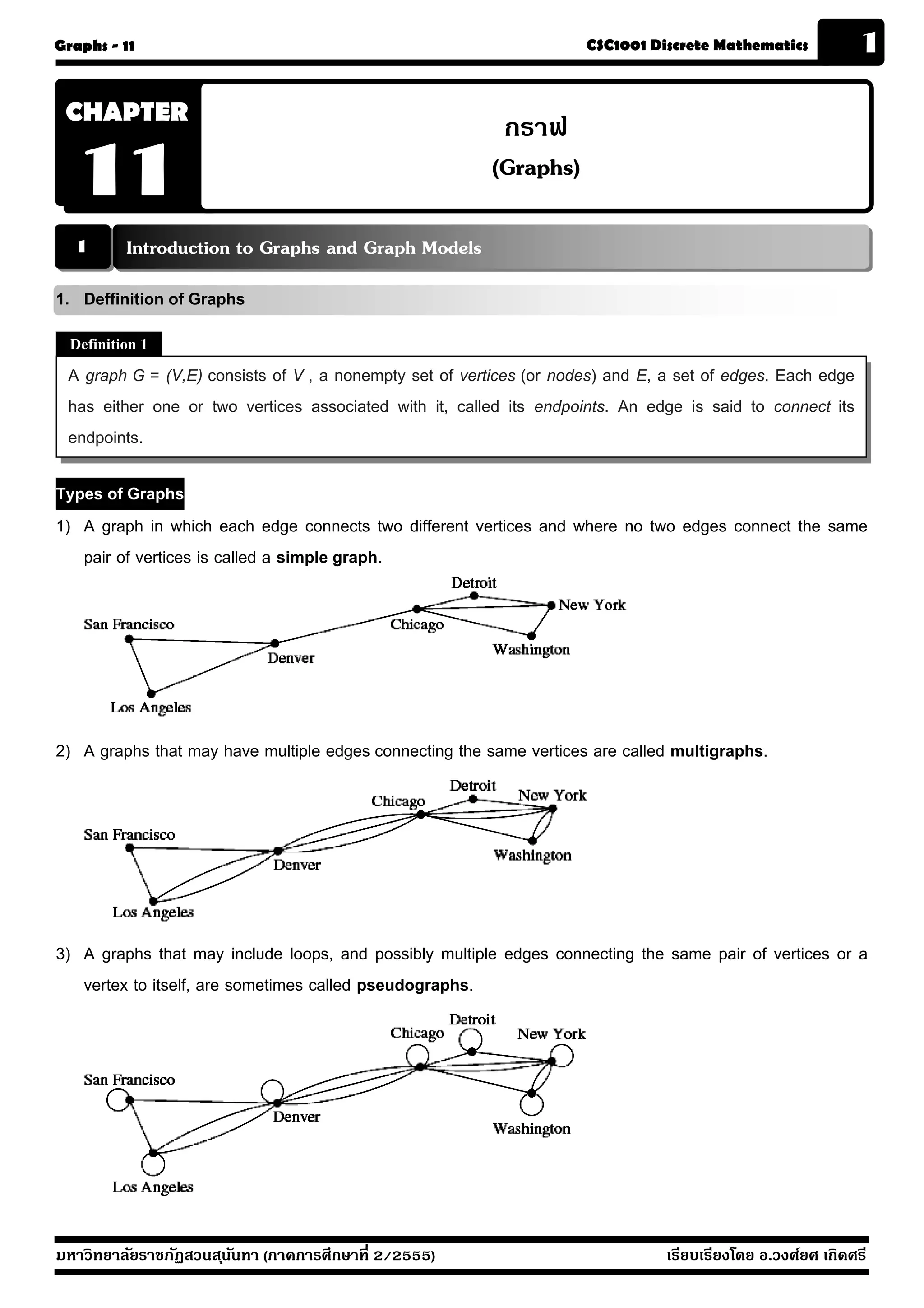 Graphs - 11                                                          CSC1001 Discrete Mathematics            1

 CHAPTER
                                                          กราฟ
   11                                                    (Graphs)

  1       Introduction to Graphs and Graph Models
1. Deffinition of Graphs
  Definition 1

 A graph G = (V,E) consists of V , a nonempty set of vertices (or nodes) and E, a set of edges. Each edge
 has either one or two vertices associated with it, called its endpoints. An edge is said to connect its
 endpoints.

Types of Graphs
1) A graph in which each edge connects two different vertices and where no two edges connect the same
   pair of vertices is called a simple graph.




2) A graphs that may have multiple edges connecting the same vertices are called multigraphs.




3) A graphs that may include loops, and possibly multiple edges connecting the same pair of vertices or a
   vertex to itself, are sometimes called pseudographs.




มหาวิทยาลัยราชภัฏสวนส ุนันทา (ภาคการศึกษาที่ 2/2555)                            เรียบเรียงโดย อ.วงศ์ยศ เกิดศรี
 