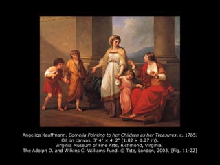 Angelica Kauffmann. Cornelia Pointing to her Children as her Treasures. c. 1785.
Oil on canvas. 3' 4" × 4' 2" (1.02 × 1.27 m).
Virginia Museum of Fine Arts, Richmond, Virginia.
The Adolph D. and Wilkins C. Williams Fund. © Tate, London, 2003. [Fig. 11-22]
 