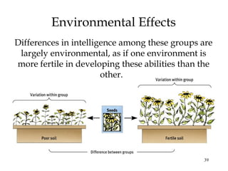 39
Environmental Effects
Differences in intelligence among these groups are
largely environmental, as if one environment is
more fertile in developing these abilities than the
other.
 