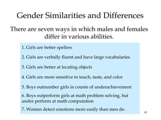 41
Gender Similarities and Differences
There are seven ways in which males and females
differ in various abilities.
1. Girls are better spellers
2. Girls are verbally fluent and have large vocabularies
3. Girls are better at locating objects
4. Girls are more sensitive to touch, taste, and color
5. Boys outnumber girls in counts of underachievement
6. Boys outperform girls at math problem solving, but
under perform at math computation
7. Women detect emotions more easily than men do
 