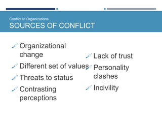 Conflict In Organizations
SOURCES OF CONFLICT
 Organizational
change
 Different set of values
 Threats to status
 Contrasting
perceptions
 Lack of trust
 Personality
clashes
 Incivility
 