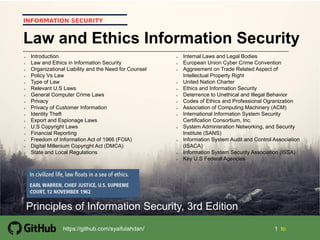 112/25/2019 1 1
1
Part 2  Access Control 1Security+ Guide to Network Security Fundamentals, Third Edition
1
11
1 1 tohttps://github.com/syaifulahdan/
INFORMATION SECURITY
Law and Ethics Information Security
 Introduction
 Law and Ethics in Information Security
 Organizational Liability and the Need for Counsel
 Policy Vs Law
 Type of Law
 Relevant U.S Laws
 General Computer Crime Laws
 Privacy
 Privacy of Customer Information
 Identity Theft
 Export and Espionage Laws
 U.S Copyright Laws
 Financial Reporting
 Freedom of Information Act of 1966 (FOIA)
 Digital Millenium Copyright Act (DMCA)
 State and Local Regulations
Principles of Information Security, 3rd Edition
 Internal Laws and Legal Bodies
 European Union Cyber Crime Convention
 Aggreement on Trade Related Aspect of
Intellectual Property Right
 United Nation Charter
 Ethics and Information Security
 Deterrence to Unethical and Illegal Behavior
 Codes of Ethics and Professional Ogranization
 Association of Computing Machinery (ACM)
 International Information System Security
Certification Consortium, Inc.
 System Adminisration Networking, and Security
Institute (SANS)
 Information System Audit and Control Association
(ISACA)
 Information System Security Association (ISSA)
 Key U.S Federal Agencies
 