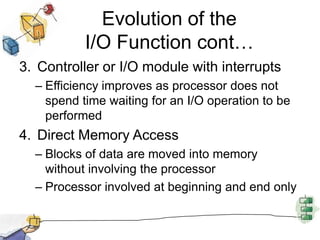 Evolution of the I/O Function cont…Controller or I/O module with interruptsEfficiency improves as processor does not spend time waiting for an I/O operation to be performedDirect Memory AccessBlocks of data are moved into memory without involving the processorProcessor involved at beginning and end only