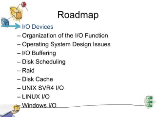 RoadmapI/O DevicesOrganization of the I/O FunctionOperating System Design IssuesI/O BufferingDisk SchedulingRaidDisk CacheUNIX SVR4 I/OLINUX I/OWindows I/O