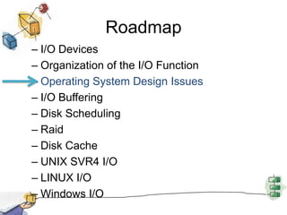 Goals: EfficiencyMost I/O devices extremely slow compared to main memoryUse of multiprogramming allows for some processes to be waiting on I/O while another process executesI/O cannot keep up with processor speedSwapping used to bring in ready processes But this is an I/O operation itself