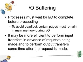 Performs actual queuing and control operationsCommunications PortSimilar to previous but the logical I/O module is replaced by a communications architecture, This consist of a number of layers.An example is TCP/IP, 