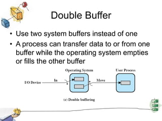 Single BufferOperating system assigns a buffer in main memory for an I/O request