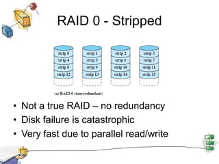 Multiple DisksDisk I/O performance may be increased by spreading the operation over multiple read/write headsOr multiple disksDisk failures can be recovered if parity information is stored