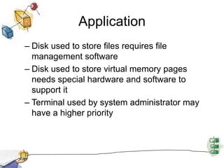 ApplicationDisk used to store files requires file management softwareDisk used to store virtual memory pages needs special hardware and software to support itTerminal used by system administrator may have a higher priority