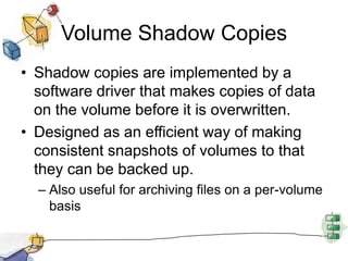 Windows I/OThe I/O manager works closely with:Cache manager – handles all file cachingFile system drivers - routes I/O requests for file system volumes to the appropriate software driver for that volume.Network drivers - implemented as software drivers rather than part of the Windows Executive.Hardware device drivers