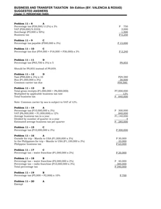 BUSINESS AND TRANSFER TAXATION 5th Edition (BY: VALENCIA & ROXAS)
SUGGESTED ANSWERS
Chapter 11: PERCENTAGE TAXES
Problem 11 – 8 A
Percentage tax (P28,000/112%) x 3% P 750
VAT (P28,000/9.3333) 3,000
Surcharge (P3,000 x 50%) 1,500
Business tax P 5,250
Problem 11 – 9 C
Percentage tax payable (P500,000 x 3%) P 15,000
Problem 11 – 10 C
Percentage tax due (P54,000 + P18,000 + P36,000) x 3% P 3,240
Problem 11 – 11 D
Percentage tax (P65,700 x 3%) x 5 P9,855
Should be P9,855 instead of P9,859.
Problem 11 – 12 D
Taxi (P98,600 x 3%) x 10 P29,580
Bus (P1,000,000 x 3%) 30,000
Common carrier tax due P59,580
Problem 11 – 13 D
Total gross receipts (P1,000,000 + P6,000,000) P7,000,000
Multiplied by applicable business tax rate 12%
Total business tax P 840,000
Note: Common carrier by sea is subject to VAT of 12%.
Problem 11 – 14 A
Percentage tax (P10,000,000 x 3%) P 300,000
VAT (P6,000,000 + P1,000,000) x 12% 840,000
Average business tax in a year P1,140,000
Divided by number of quarter in a year 4
Estimated average business tax per quarter P 285,000
Problem 11 – 15 C
Percentage tax (P10,000,000 x 3%) P 300,000
Problem 11 – 16 A
Outside for trip - Manila to USA (P1,000,000 x 3%) P 30,000
In the Philippines for trip – Manila to USA (P1,100,000 x 3%) 33,000
Philippine business tax P 63,000
Problem 11 – 17 C
Percentage tax – water franchise (P1,000,000 x 2%) P 20,000
Problem 11 – 18 B
Percentage tax – water franchise (P2,000,000 x 2%) P 40,000
Percentage tax – radio franchise (P10,000,000 x 3%) 300,000
Total percentage tax P 340,000
Problem 11 – 19 B
Percentage tax (P5,000 + P2,000) x 10% P 700
Problem 11 – 20 A
Exempt
 