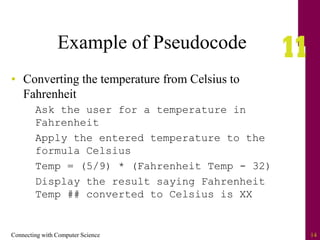 Connecting with Computer Science 14
Example of Pseudocode
• Converting the temperature from Celsius to
Fahrenheit
Ask the user for a temperature in
Fahrenheit
Apply the entered temperature to the
formula Celsius
Temp = (5/9) * (Fahrenheit Temp - 32)
Display the result saying Fahrenheit
Temp ## converted to Celsius is XX
 