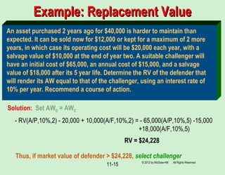 11-15
Example: Replacement ValueExample: Replacement Value
An asset purchased 2 years ago for $40,000 is harder to maintain than
expected. It can be sold now for $12,000 or kept for a maximum of 2 more
years, in which case its operating cost will be $20,000 each year, with a
salvage value of $10,000 at the end of year two. A suitable challenger will
have an initial cost of $65,000, an annual cost of $15,000, and a salvage
value of $18,000 after its 5 year life. Determine the RV of the defender that
will render its AW equal to that of the challenger, using an interest rate of
10% per year. Recommend a course of action.
- RV(A/P,10%,2) - 20,000 + 10,000(A/F,10%,2) = - 65,000(A/P,10%,5) -15,000
+18,000(A/F,10%,5)
RV = $24,228
Solution: Set AWD = AWC
Thus, if market value of defender > $24,228, select challenger
© 2012 by McGraw-Hill All Rights Reserved
 