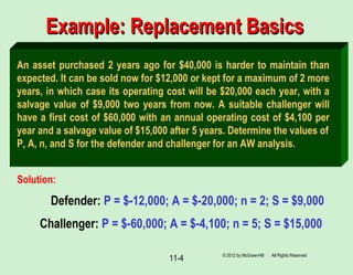 11-4
Example: Replacement BasicsExample: Replacement Basics
An asset purchased 2 years ago for $40,000 is harder to maintain than
expected. It can be sold now for $12,000 or kept for a maximum of 2 more
years, in which case its operating cost will be $20,000 each year, with a
salvage value of $9,000 two years from now. A suitable challenger will
have a first cost of $60,000 with an annual operating cost of $4,100 per
year and a salvage value of $15,000 after 5 years. Determine the values of
P, A, n, and S for the defender and challenger for an AW analysis.
Solution:
Defender: P = $-12,000; A = $-20,000; n = 2; S = $9,000
Challenger: P = $-60,000; A = $-4,100; n = 5; S = $15,000
© 2012 by McGraw-Hill All Rights Reserved
 