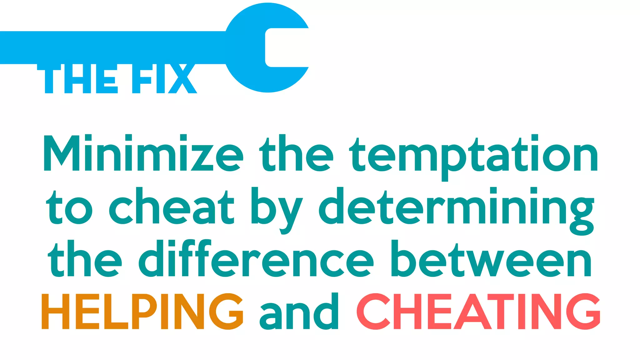 The Fix
Minimize the temptation
to cheat by determining
the difference between
HELPING and CHEATING
 