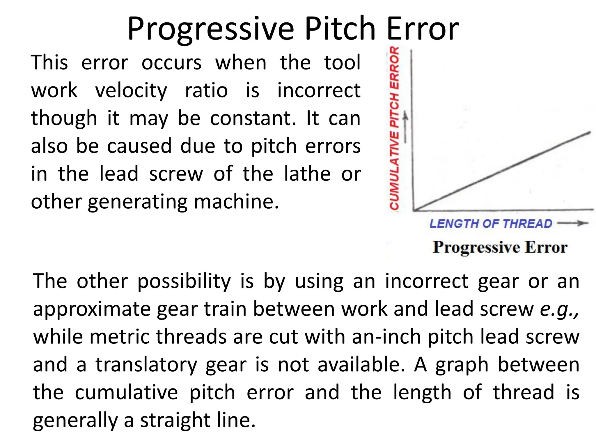 Progressive Pitch Error
This error occurs when the tool
work velocity ratio is incorrect
though it may be constant. It can
also be caused due to pitch errors
in the lead screw of the lathe or
other generating machine.
The other possibility is by using an incorrect gear or an
approximate gear train between work and lead screw e.g.,
while metric threads are cut with an-inch pitch lead screw
and a translatory gear is not available. A graph between
the cumulative pitch error and the length of thread is
generally a straight line.
 