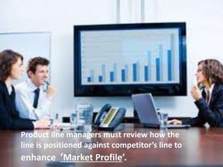 Product line managers must review how the
line is positioned against competitor’s line to
enhance ‘Market Profile’.
 