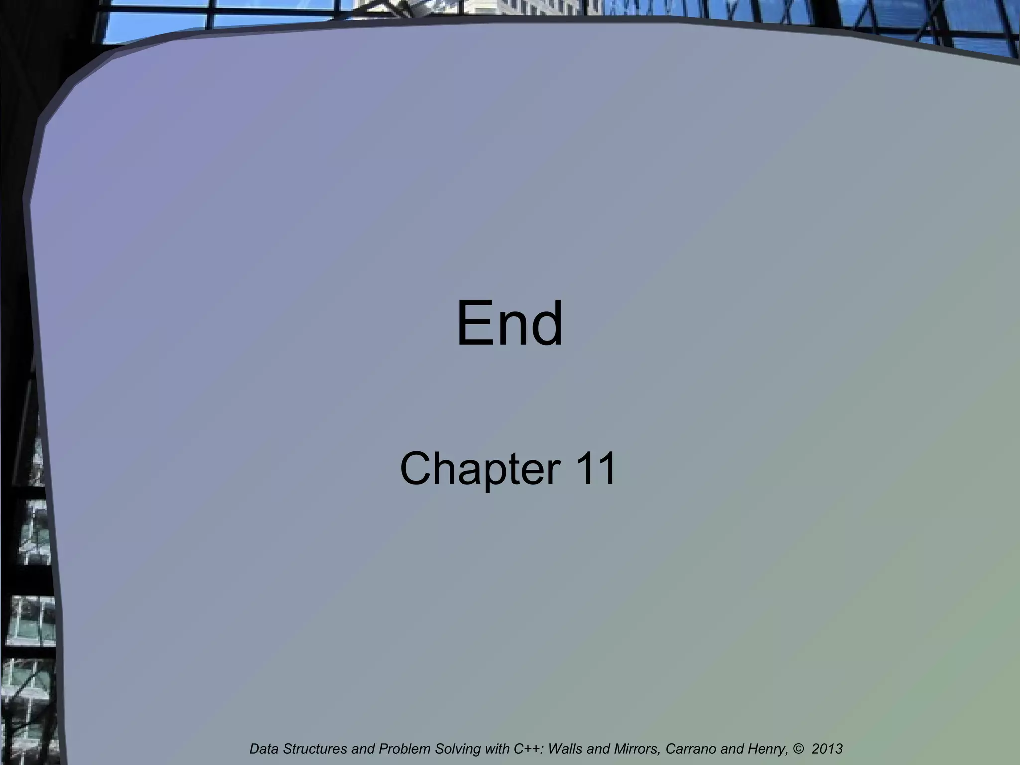 End
Chapter 11
Data Structures and Problem Solving with C++: Walls and Mirrors, Carrano and Henry, © 2013
 