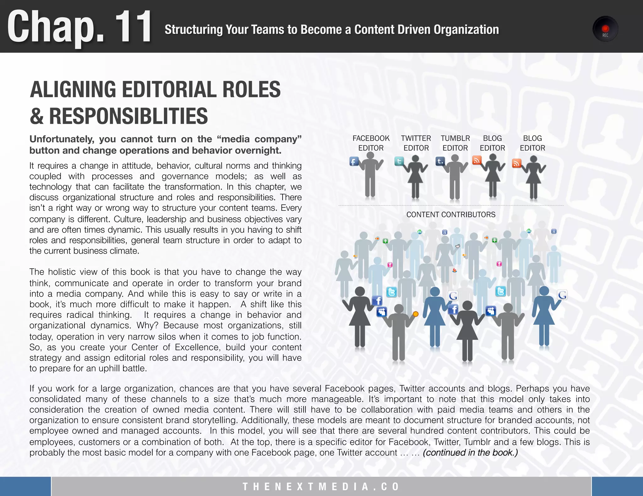 T H E N E X T M E D I A . C O 
ALIGNING EDITORIAL ROLES "
& RESPONSIBLITIES

Chap. 11
Structuring Your Teams to Become a Content Driven Organization
It requires a change in attitude, behavior, cultural norms and thinking
coupled with processes and governance models; as well as
technology that can facilitate the transformation. In this chapter, we
discuss organizational structure and roles and responsibilities. There
isn’t a right way or wrong way to structure your content teams. Every
company is different. Culture, leadership and business objectives vary
and are often times dynamic. This usually results in you having to shift
roles and responsibilities, general team structure in order to adapt to
the current business climate. 
 
The holistic view of this book is that you have to change the way
think, communicate and operate in order to transform your brand
into a media company. And while this is easy to say or write in a
book, it’s much more difﬁcult to make it happen. A shift like this
requires radical thinking. It requires a change in behavior and
organizational dynamics. Why? Because most organizations, still
today, operation in very narrow silos when it comes to job function.
So, as you create your Center of Excellence, build your content
strategy and assign editorial roles and responsibility, you will have
to prepare for an uphill battle.
Unfortunately, you cannot turn on the “media company”
button and change operations and behavior overnight. 
FACEBOOK
EDITOR
TWITTER
EDITOR
TUMBLR
EDITOR
BLOG
EDITOR
BLOG
EDITOR
CONTENT CONTRIBUTORS
If you work for a large organization, chances are that you have several Facebook pages, Twitter accounts and blogs. Perhaps you have
consolidated many of these channels to a size that’s much more manageable. It’s important to note that this model only takes into
consideration the creation of owned media content. There will still have to be collaboration with paid media teams and others in the
organization to ensure consistent brand storytelling. Additionally, these models are meant to document structure for branded accounts, not
employee owned and managed accounts. In this model, you will see that there are several hundred content contributors. This could be
employees, customers or a combination of both. At the top, there is a speciﬁc editor for Facebook, Twitter, Tumblr and a few blogs. This is
probably the most basic model for a company with one Facebook page, one Twitter account … … (continued in the book.)
 