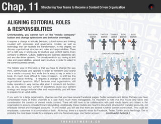 T H E N E X T M E D I A . C O 
ALIGNING EDITORIAL ROLES "
& RESPONSIBLITIES

Chap. 11
Structuring Your Teams to Become a Content Driven Organization
It requires a change in attitude, behavior, cultural norms and thinking
coupled with processes and governance models; as well as
technology that can facilitate the transformation. In this chapter, we
discuss organizational structure and roles and responsibilities. There
isn’t a right way or wrong way to structure your content teams. Every
company is different. Culture, leadership and business objectives vary
and are often times dynamic. This usually results in you having to shift
roles and responsibilities, general team structure in order to adapt to
the current business climate. 
 
The holistic view of this book is that you have to change the way
think, communicate and operate in order to transform your brand
into a media company. And while this is easy to say or write in a
book, it’s much more difﬁcult to make it happen. A shift like this
requires radical thinking. It requires a change in behavior and
organizational dynamics. Why? Because most organizations, still
today, operation in very narrow silos when it comes to job function.
So, as you create your Center of Excellence, build your content
strategy and assign editorial roles and responsibility, you will have
to prepare for an uphill battle.
Unfortunately, you cannot turn on the “media company”
button and change operations and behavior overnight. 
FACEBOOK
EDITOR
TWITTER
EDITOR
TUMBLR
EDITOR
BLOG
EDITOR
BLOG
EDITOR
CONTENT CONTRIBUTORS
If you work for a large organization, chances are that you have several Facebook pages, Twitter accounts and blogs. Perhaps you have
consolidated many of these channels to a size that’s much more manageable. It’s important to note that this model only takes into
consideration the creation of owned media content. There will still have to be collaboration with paid media teams and others in the
organization to ensure consistent brand storytelling. Additionally, these models are meant to document structure for branded accounts, not
employee owned and managed accounts. In this model, you will see that there are several hundred content contributors. This could be
employees, customers or a combination of both. At the top, there is a speciﬁc editor for Facebook, Twitter, Tumblr and a few blogs. This is
probably the most basic model for a company with one Facebook page, one Twitter account … … (continued in the book.)
 