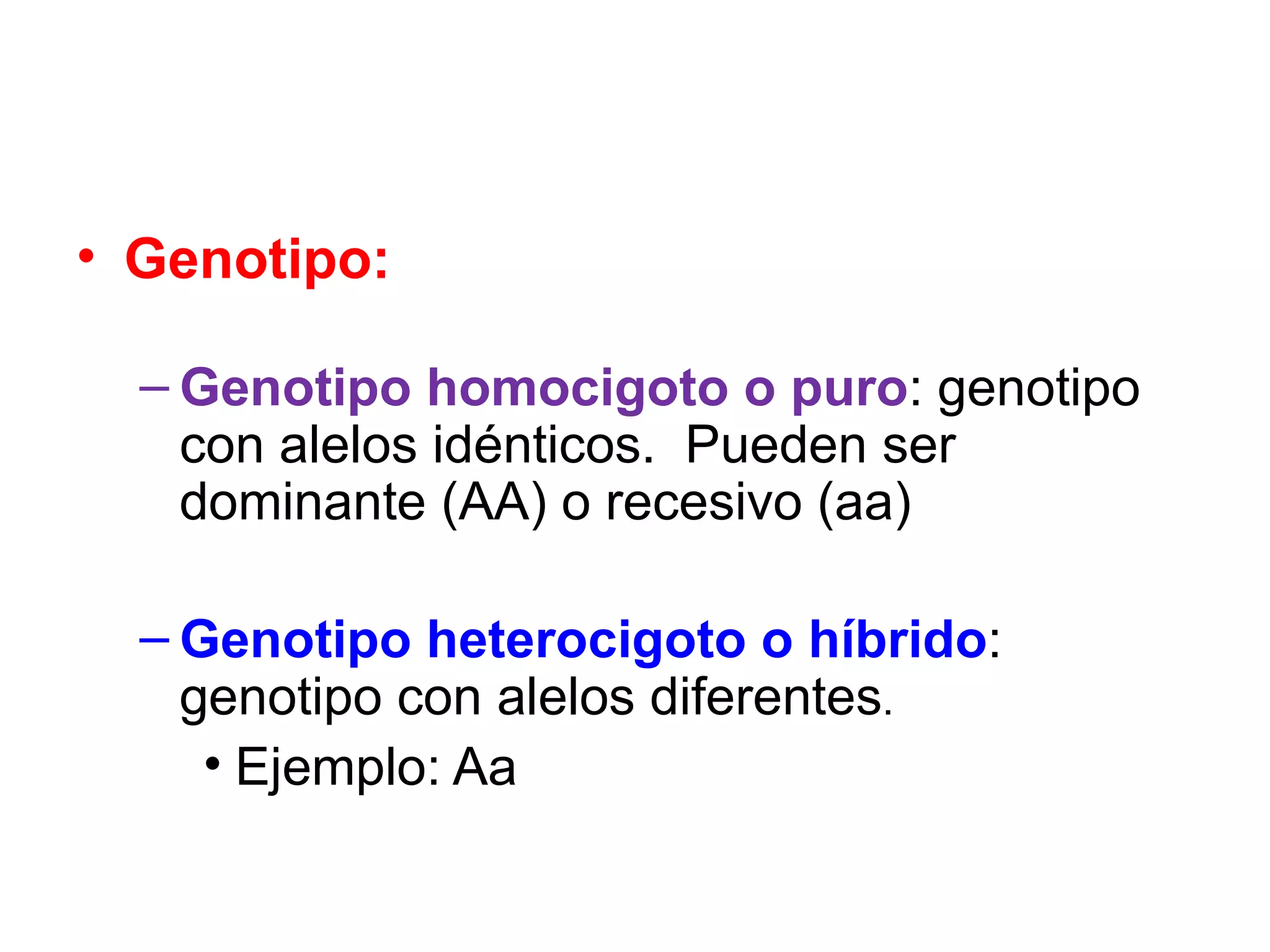 • Genotipo:

  – Genotipo homocigoto o puro: genotipo
    con alelos idénticos. Pueden ser
    dominante (AA) o recesivo (aa)

  – Genotipo heterocigoto o híbrido:
    genotipo con alelos diferentes.
     • Ejemplo: Aa
 