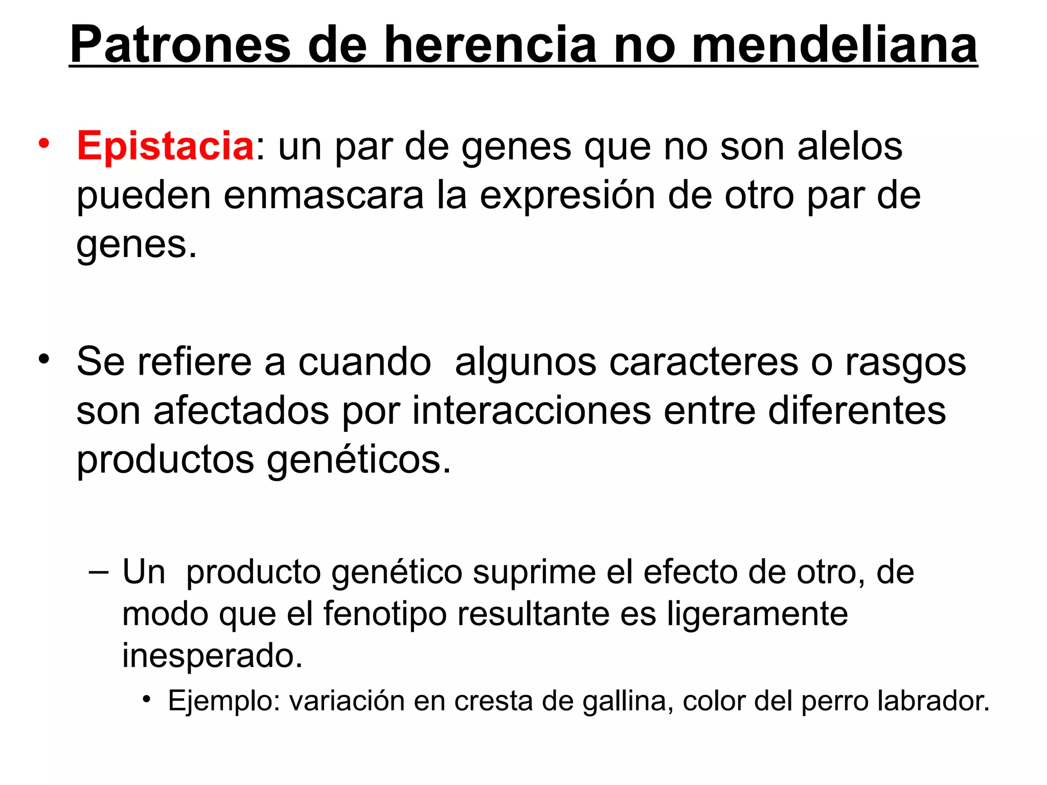 Patrones de herencia no mendeliana
• Epistacia: un par de genes que no son alelos
  pueden enmascara la expresión de otro par de
  genes.

• Se refiere a cuando algunos caracteres o rasgos
  son afectados por interacciones entre diferentes
  productos genéticos.

  – Un producto genético suprime el efecto de otro, de
    modo que el fenotipo resultante es ligeramente
    inesperado.
     • Ejemplo: variación en cresta de gallina, color del perro labrador.
 