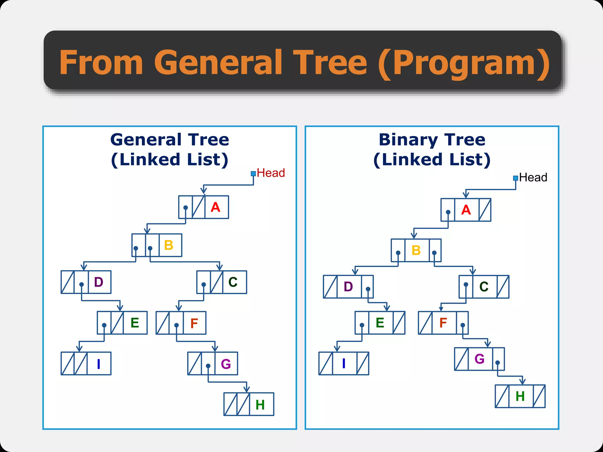 From General Tree (Program)
General Tree
(Linked List)
A
B
Head
CD
F
G
H
I
E
Binary Tree
(Linked List)
Head
A
B
D
E F
C
I G
H
 