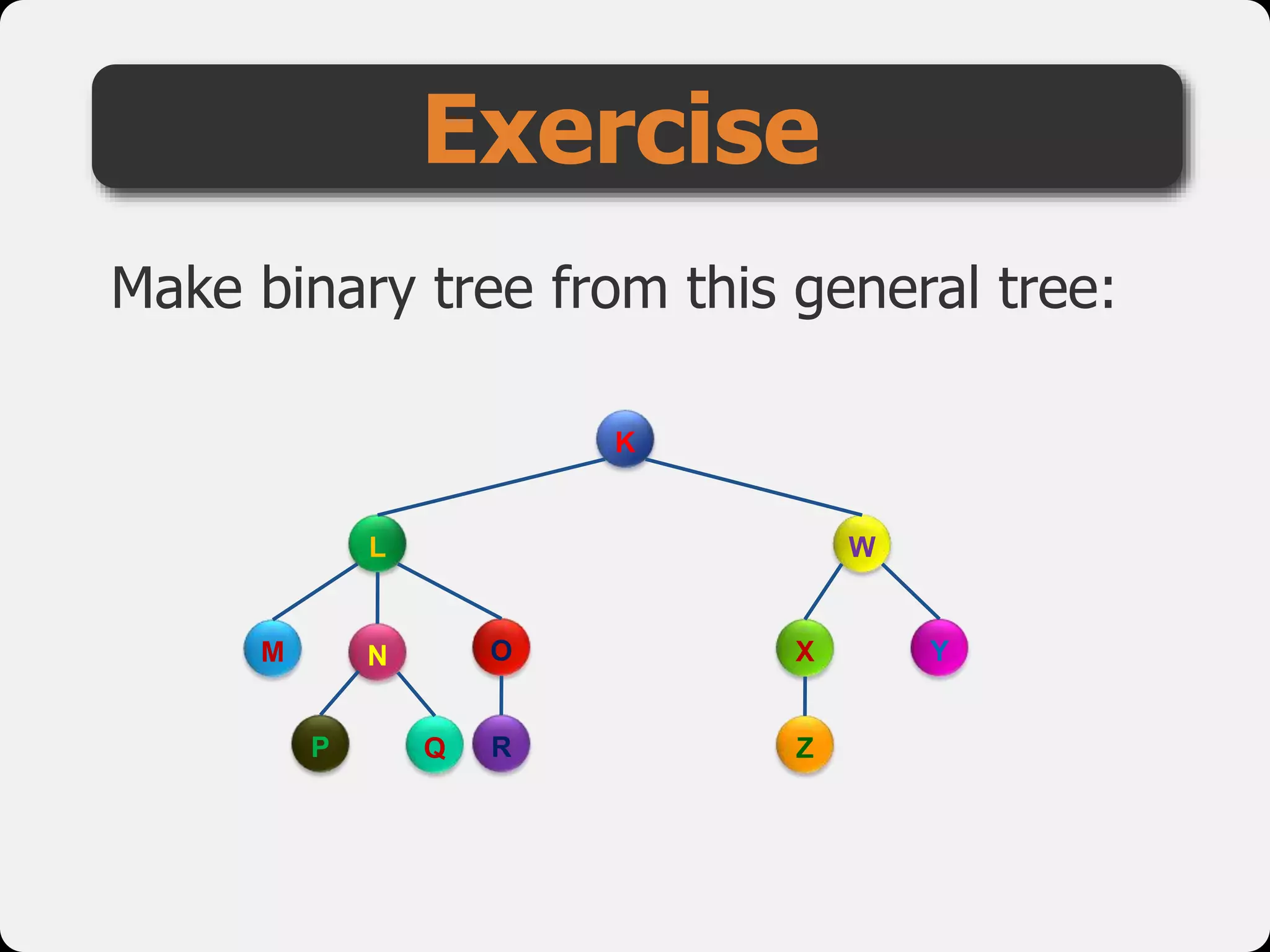 Make binary tree from this general tree:
Exercise
K
L
Y
W
M O X
ZR
N
P Q
 