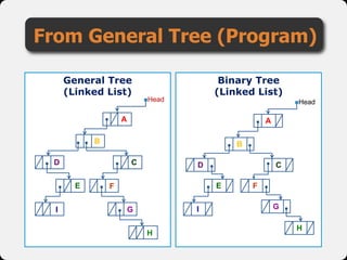 From General Tree (Program)
General Tree
(Linked List)
A
B
Head
CD
F
G
H
I
E
Binary Tree
(Linked List)
Head
A
B
D
E F
C
I G
H
 
