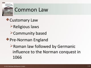 Common Law
   Customary Law
         Religious laws
         Community based
   Pre-Norman England
         Roman law followed by Germanic
             influence to the Norman conquest in
             1066
© 2012 McGraw-Hill Ryerson Limited                 1-10
 